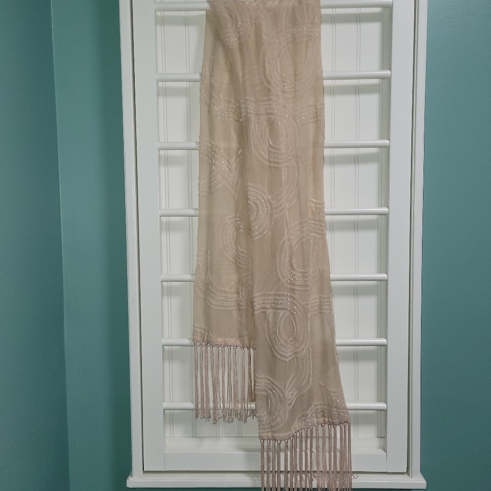 Elegant Cejon Light Peach Beaded Fringe Scarf